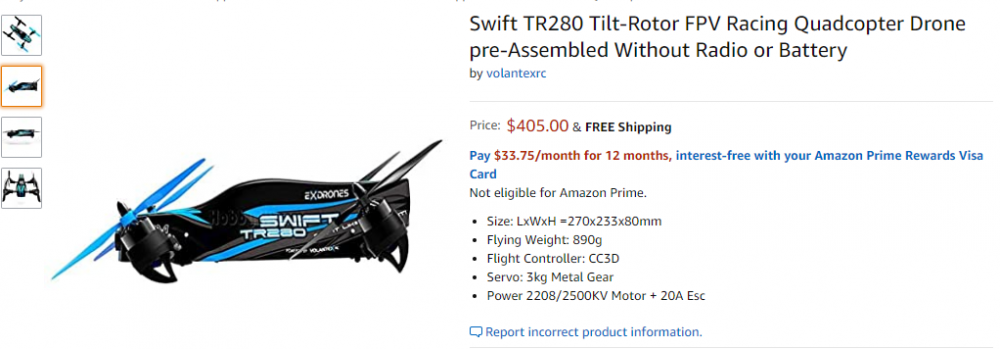 Swift TR280 Tilt-Rotor FPV Racing Quadcopter Drone pre-Assembled Without Radio or Battery